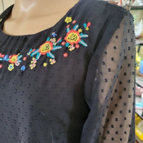 Japna Dress Black Embroidered Floral lined Med. chiffon Whimsigoth BOHO festival - Picture 7 of 15
